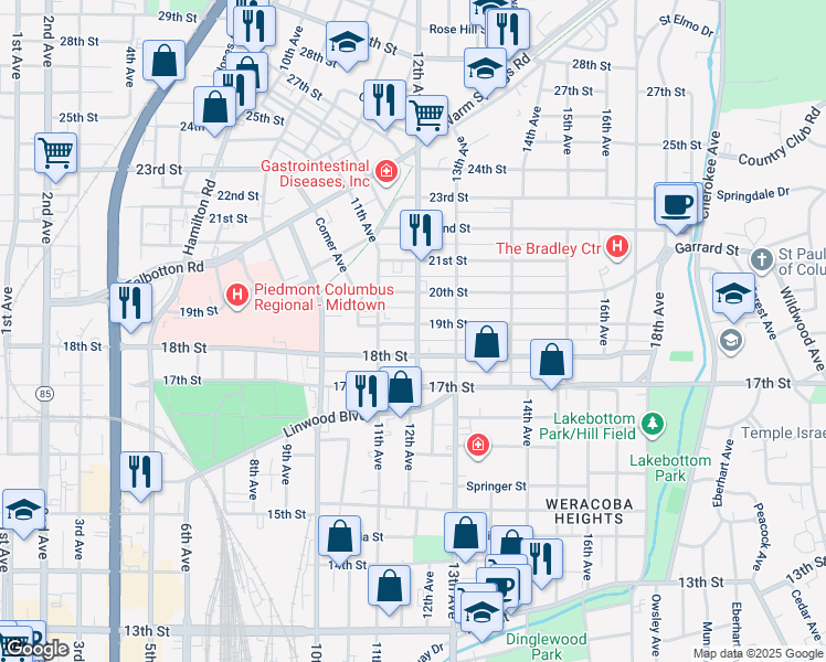 map of restaurants, bars, coffee shops, grocery stores, and more near 1121 19th Street in Columbus