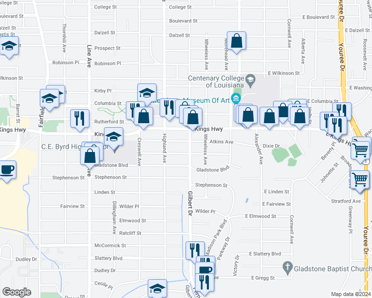 map of restaurants, bars, coffee shops, grocery stores, and more near 414 Atkins Avenue in Shreveport