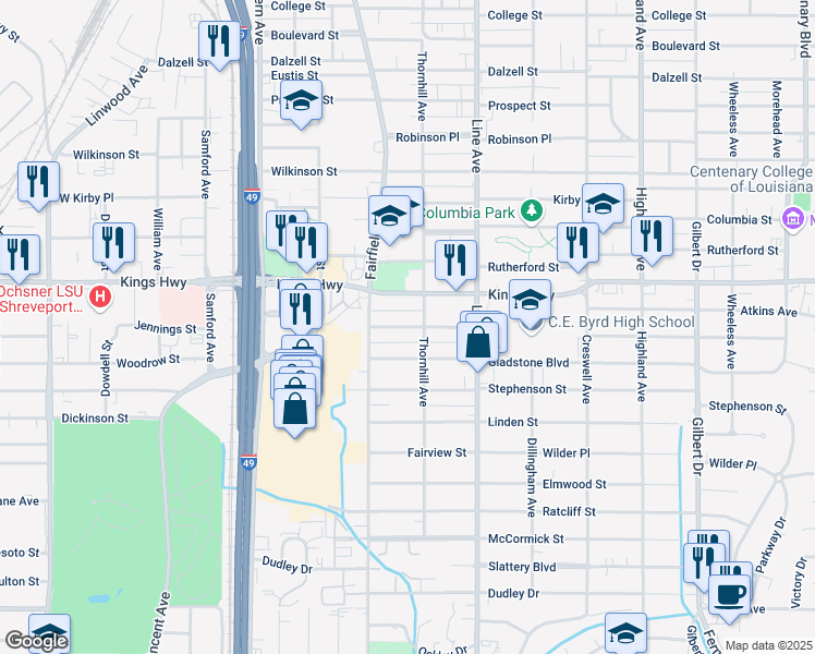 map of restaurants, bars, coffee shops, grocery stores, and more near 907 Kings Highway in Shreveport