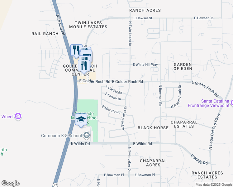 map of restaurants, bars, coffee shops, grocery stores, and more near 15165 North Triple Crown Place in Tucson