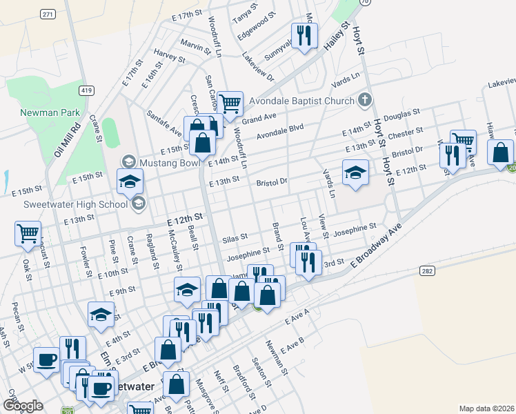 map of restaurants, bars, coffee shops, grocery stores, and more near 1200 East 12th Street in Sweetwater