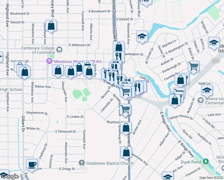 map of restaurants, bars, coffee shops, grocery stores, and more near 504 East Kings Highway in Shreveport
