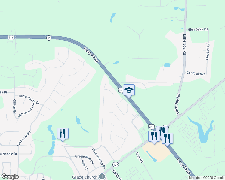 map of restaurants, bars, coffee shops, grocery stores, and more near 103 Eagles Ridge Court in Perry
