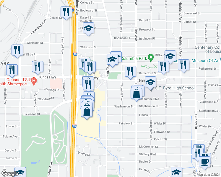 map of restaurants, bars, coffee shops, grocery stores, and more near 3143 Fairfield Avenue in Shreveport