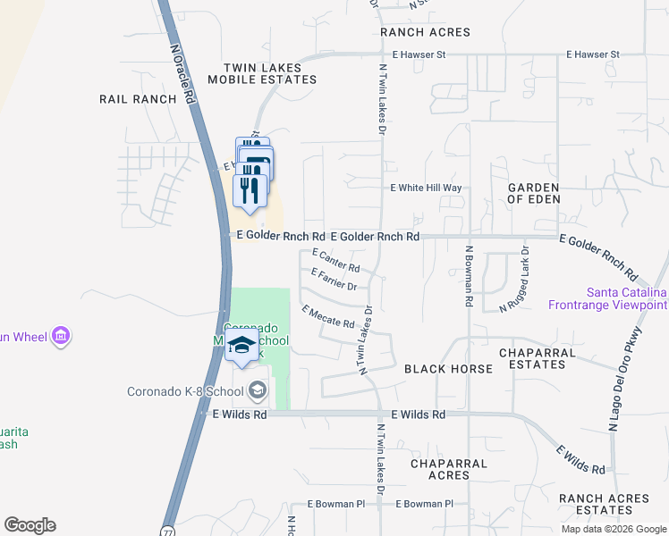 map of restaurants, bars, coffee shops, grocery stores, and more near 15165 North Triple Crown Place in Tucson