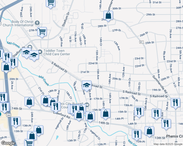 map of restaurants, bars, coffee shops, grocery stores, and more near 1517 21st Street in Phenix City