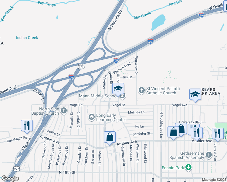 map of restaurants, bars, coffee shops, grocery stores, and more near 2618 North Willis Street in Abilene