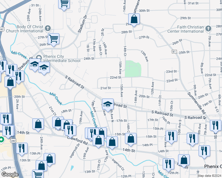map of restaurants, bars, coffee shops, grocery stores, and more near 1523 21st Street in Phenix City