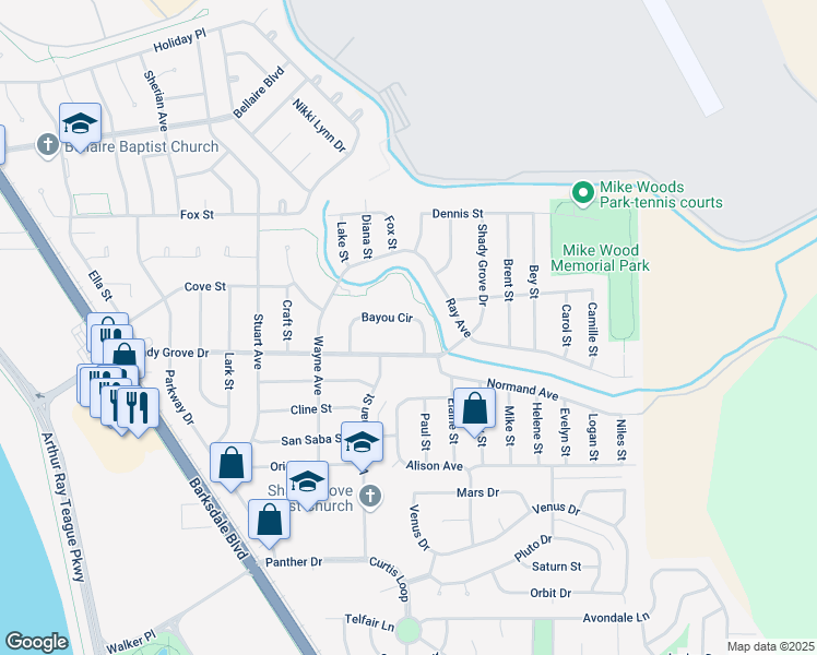 map of restaurants, bars, coffee shops, grocery stores, and more near 1803 Bayou Circle in Bossier City