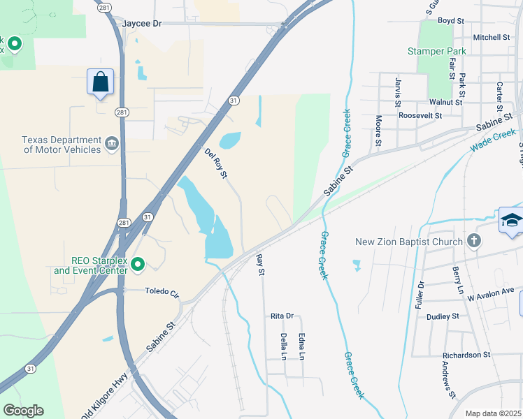 map of restaurants, bars, coffee shops, grocery stores, and more near 1111 West Sabine Street in Longview