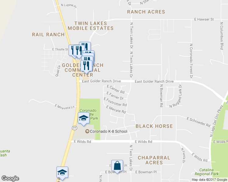 map of restaurants, bars, coffee shops, grocery stores, and more near 3554 East Canter Road in Tucson