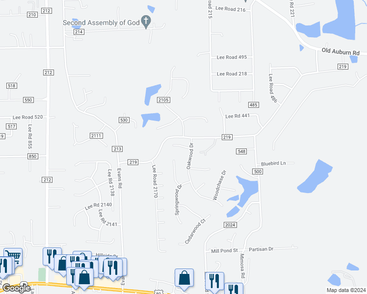 map of restaurants, bars, coffee shops, grocery stores, and more near 58 Oakwood Court in Phenix City