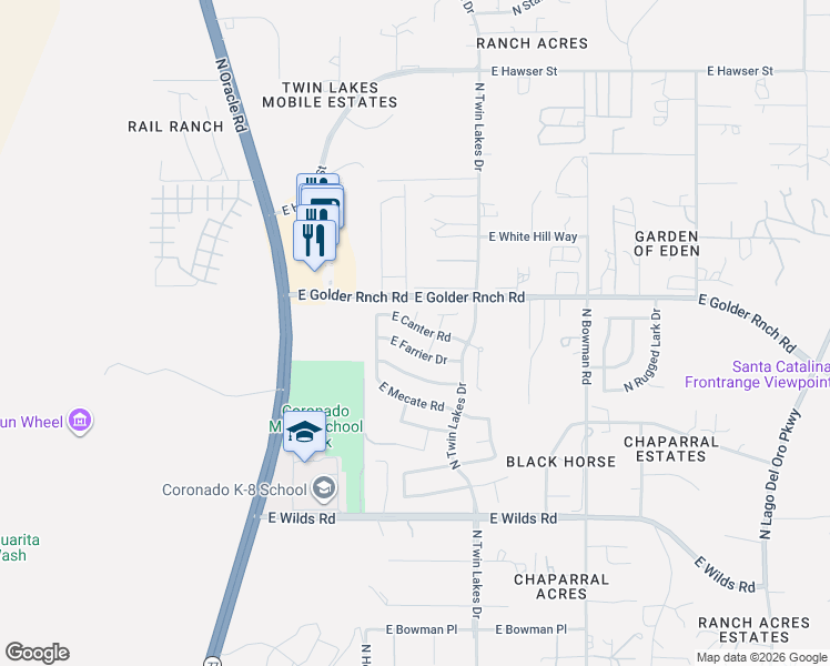 map of restaurants, bars, coffee shops, grocery stores, and more near 3602 East Canter Road in Tucson