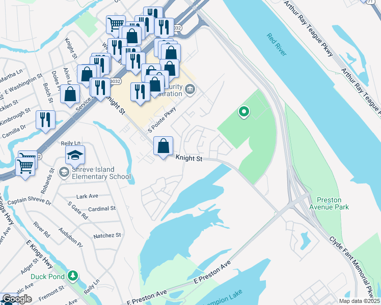 map of restaurants, bars, coffee shops, grocery stores, and more near 2400 Parkway Service Road in Shreveport