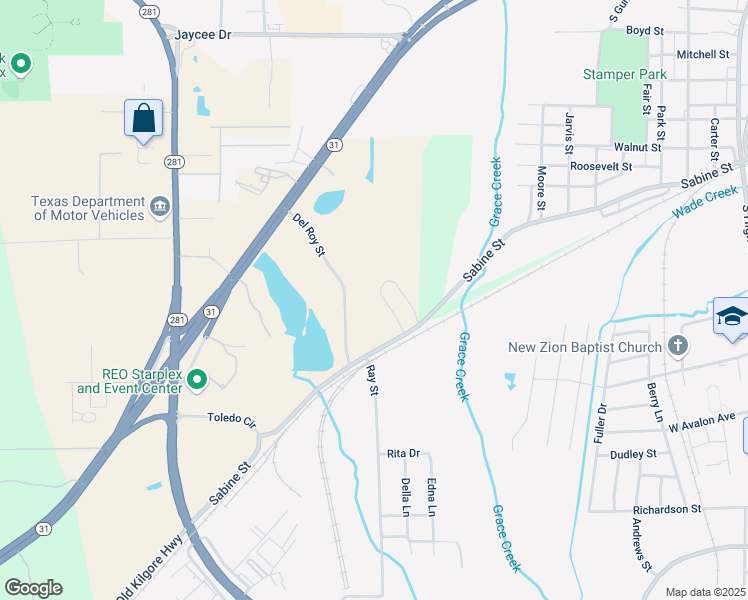 map of restaurants, bars, coffee shops, grocery stores, and more near 1111 West Sabine Street in Longview