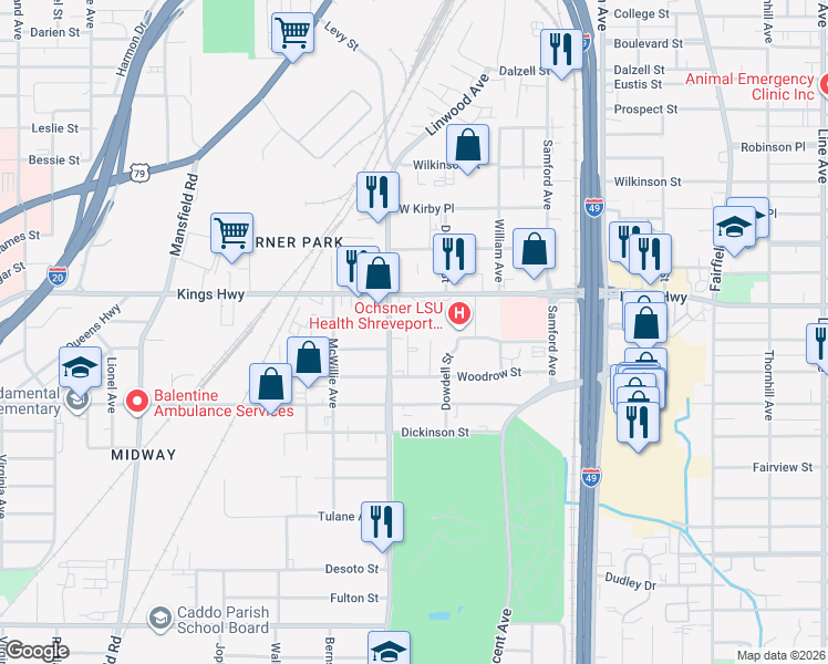 map of restaurants, bars, coffee shops, grocery stores, and more near 1501 Kings Hwy in Shreveport