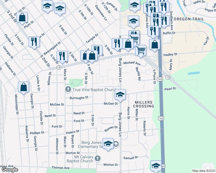map of restaurants, bars, coffee shops, grocery stores, and more near 1826 Furillo Street in Monroe