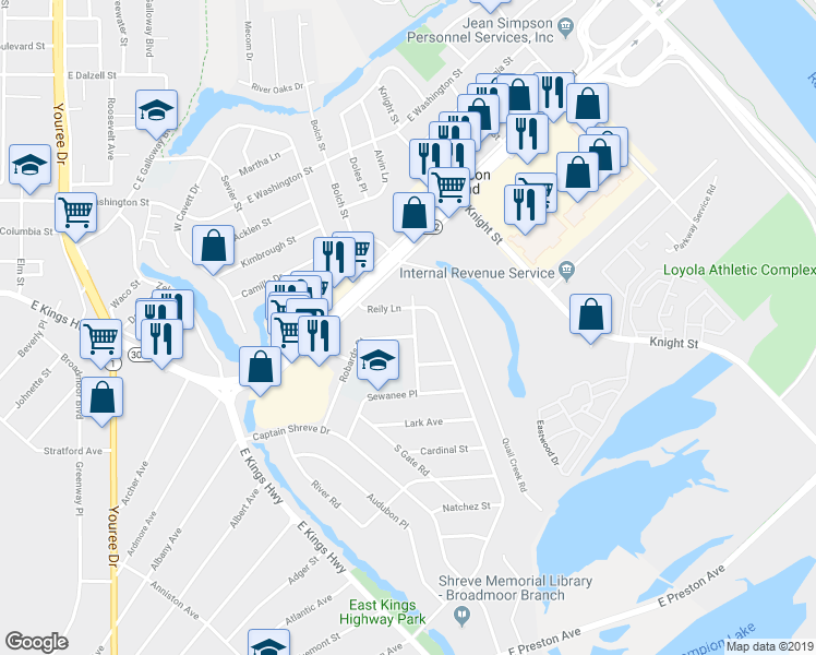 map of restaurants, bars, coffee shops, grocery stores, and more near 3333 Reily Lane in Shreveport