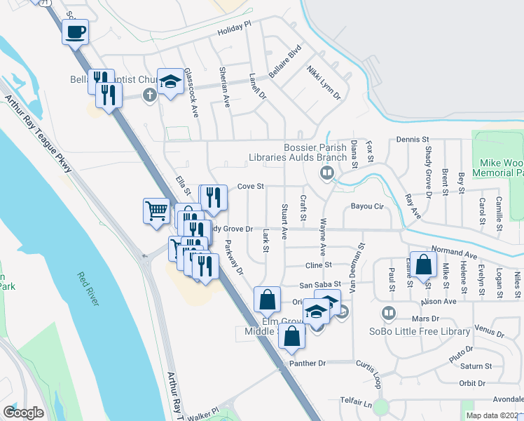 map of restaurants, bars, coffee shops, grocery stores, and more near 4012 Lark Street in Bossier City
