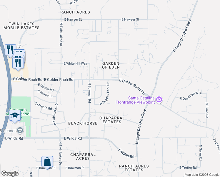 map of restaurants, bars, coffee shops, grocery stores, and more near 15170 North Rugged Lark Drive in Tucson