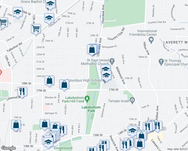 map of restaurants, bars, coffee shops, grocery stores, and more near 1505 Cherokee Avenue in Columbus