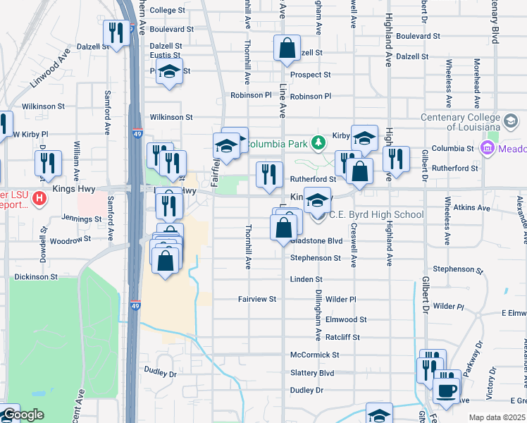 map of restaurants, bars, coffee shops, grocery stores, and more near 825 Kings Highway in Shreveport