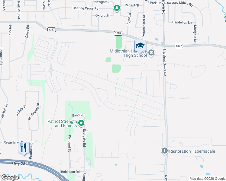 map of restaurants, bars, coffee shops, grocery stores, and more near 3622 Arbor Grove Trail in Midlothian