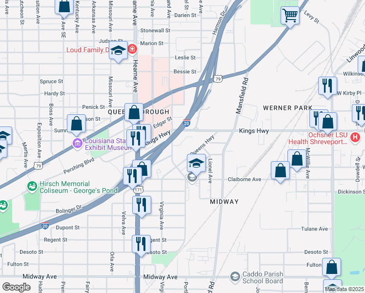 map of restaurants, bars, coffee shops, grocery stores, and more near 2451 Corol Avenue in Shreveport