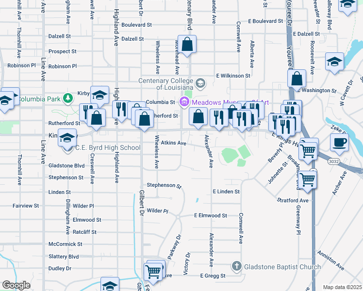 map of restaurants, bars, coffee shops, grocery stores, and more near 3201 Centenary Boulevard in Shreveport
