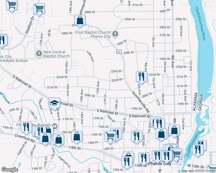 map of restaurants, bars, coffee shops, grocery stores, and more near 1021 22nd Street in Phenix City
