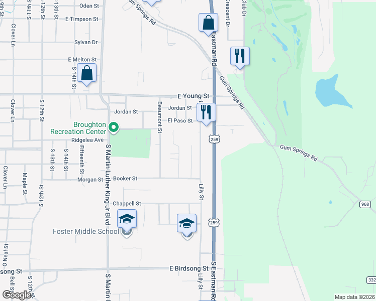 map of restaurants, bars, coffee shops, grocery stores, and more near 917 Douglas Street in Longview