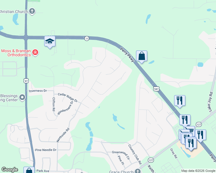 map of restaurants, bars, coffee shops, grocery stores, and more near 1013 Cherokee Road in Perry