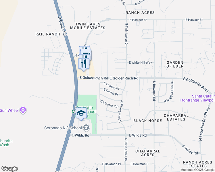 map of restaurants, bars, coffee shops, grocery stores, and more near 3554 East Canter Road in Tucson