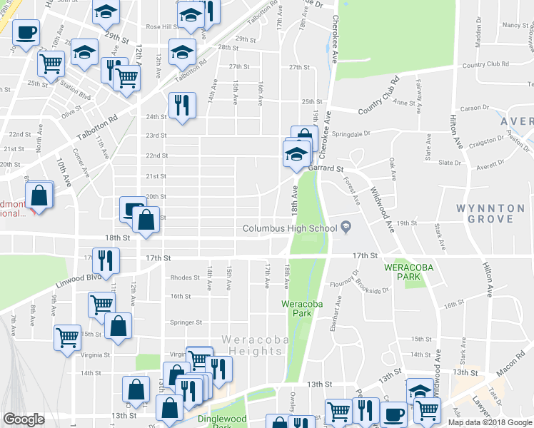 map of restaurants, bars, coffee shops, grocery stores, and more near 1912 17th Avenue in Columbus