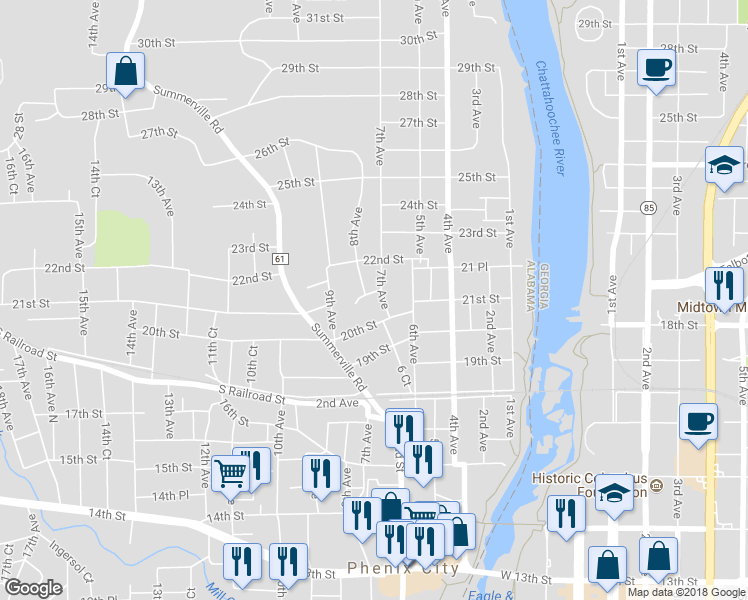 map of restaurants, bars, coffee shops, grocery stores, and more near 703 21st Street in Phenix City