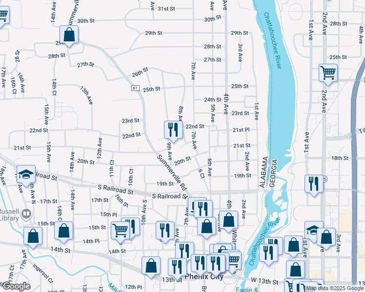 map of restaurants, bars, coffee shops, grocery stores, and more near 700 21st Street in Phenix City