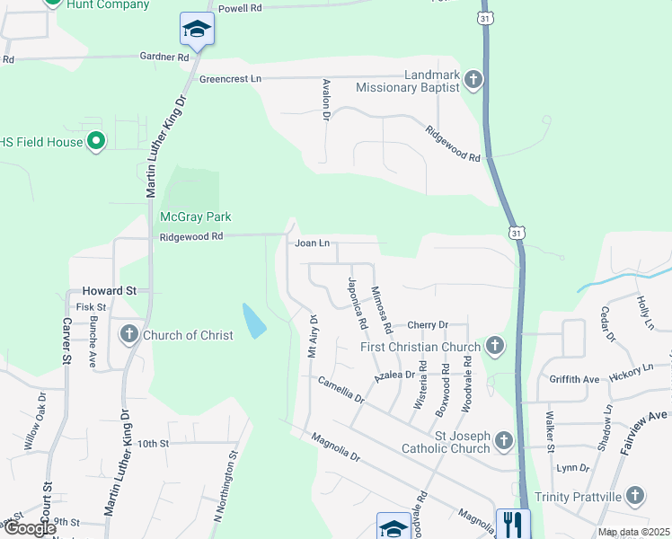 map of restaurants, bars, coffee shops, grocery stores, and more near 731 Mimosa Road in Prattville