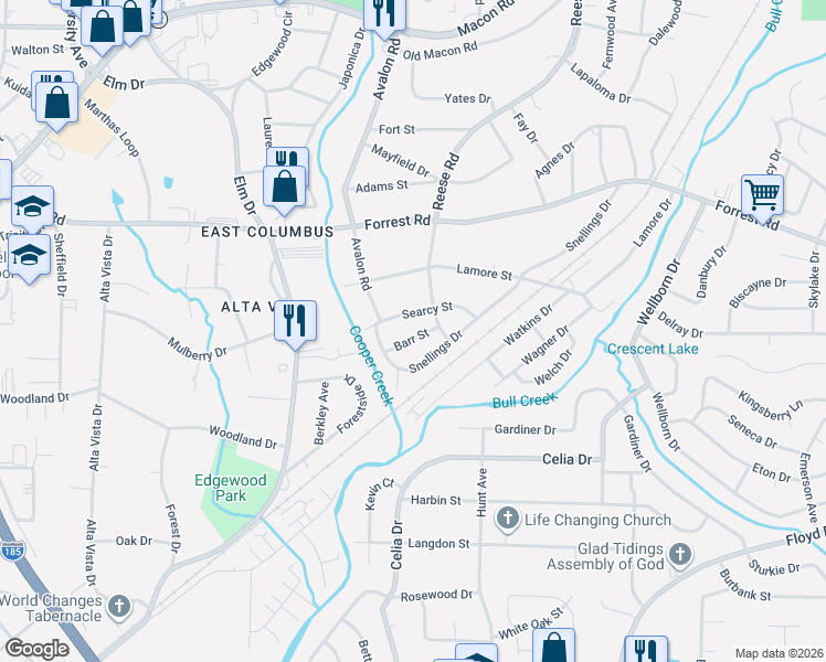 map of restaurants, bars, coffee shops, grocery stores, and more near 4226 Searcy Street in Columbus
