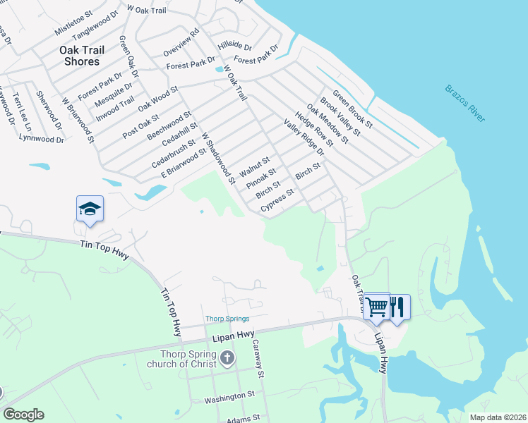 map of restaurants, bars, coffee shops, grocery stores, and more near 2801 Cypress Street in Granbury