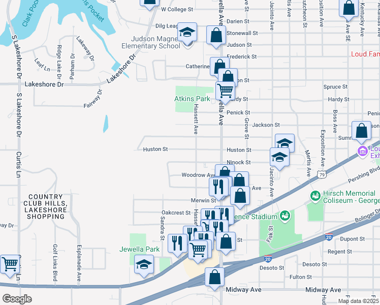 map of restaurants, bars, coffee shops, grocery stores, and more near 3811 Huston Street in Shreveport