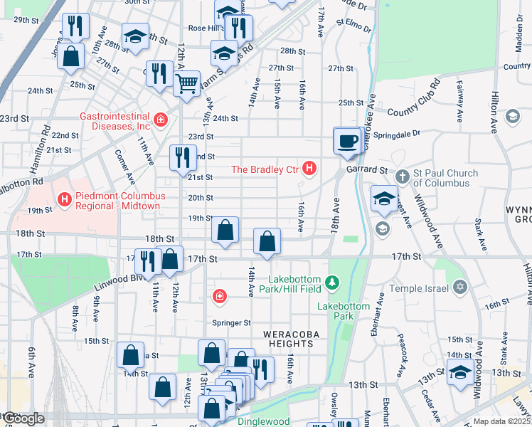 map of restaurants, bars, coffee shops, grocery stores, and more near 1433 19th Street in Columbus