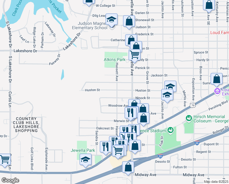 map of restaurants, bars, coffee shops, grocery stores, and more near 3807 Huston Street in Shreveport