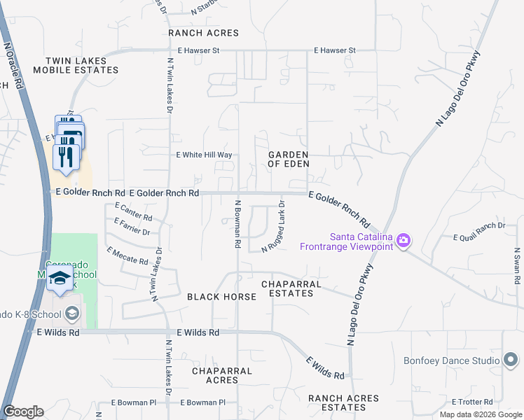 map of restaurants, bars, coffee shops, grocery stores, and more near 15153 North Pelham Road in Tucson