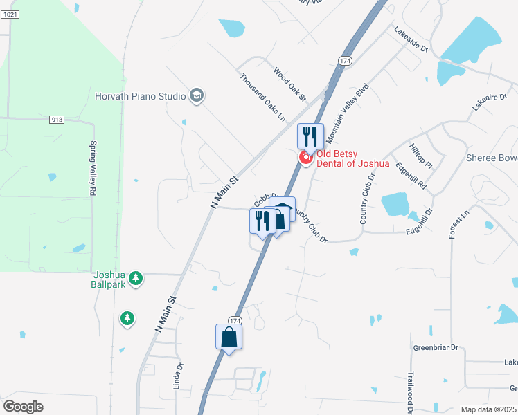map of restaurants, bars, coffee shops, grocery stores, and more near 302 Cobb Drive in Joshua