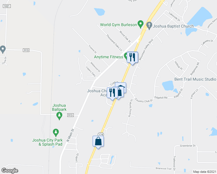 map of restaurants, bars, coffee shops, grocery stores, and more near 32 Cobb Drive in Joshua