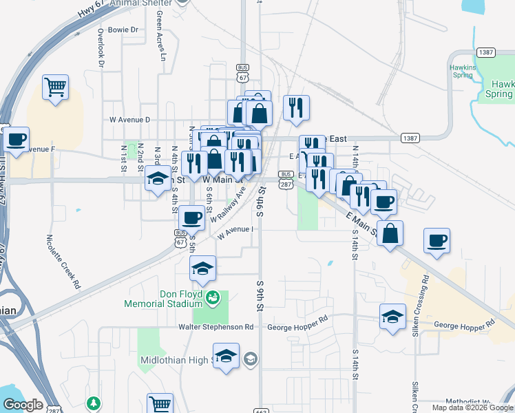 map of restaurants, bars, coffee shops, grocery stores, and more near 3449 Ava Drive in Midlothian