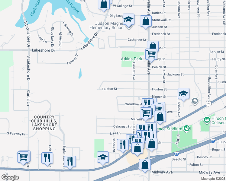 map of restaurants, bars, coffee shops, grocery stores, and more near 3941 Huston Street in Shreveport