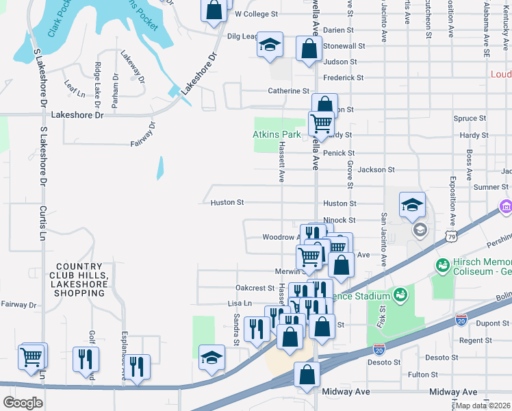 map of restaurants, bars, coffee shops, grocery stores, and more near 3847 Huston Street in Shreveport