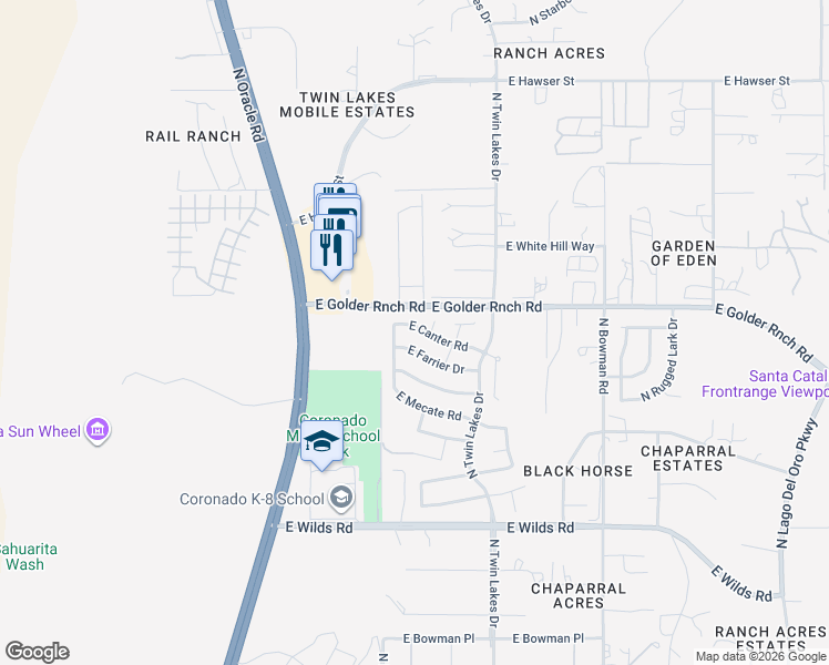 map of restaurants, bars, coffee shops, grocery stores, and more near 3554 East Canter Road in Tucson