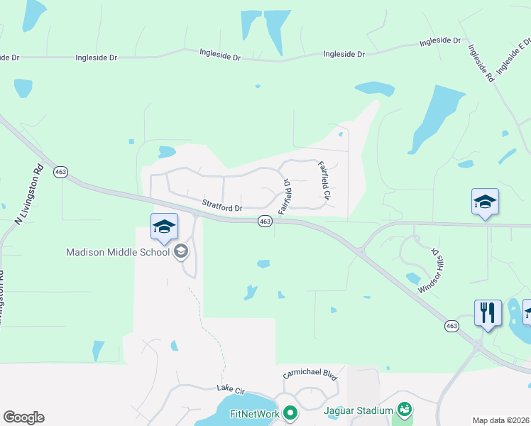 map of restaurants, bars, coffee shops, grocery stores, and more near 105 Stratford Drive in Madison